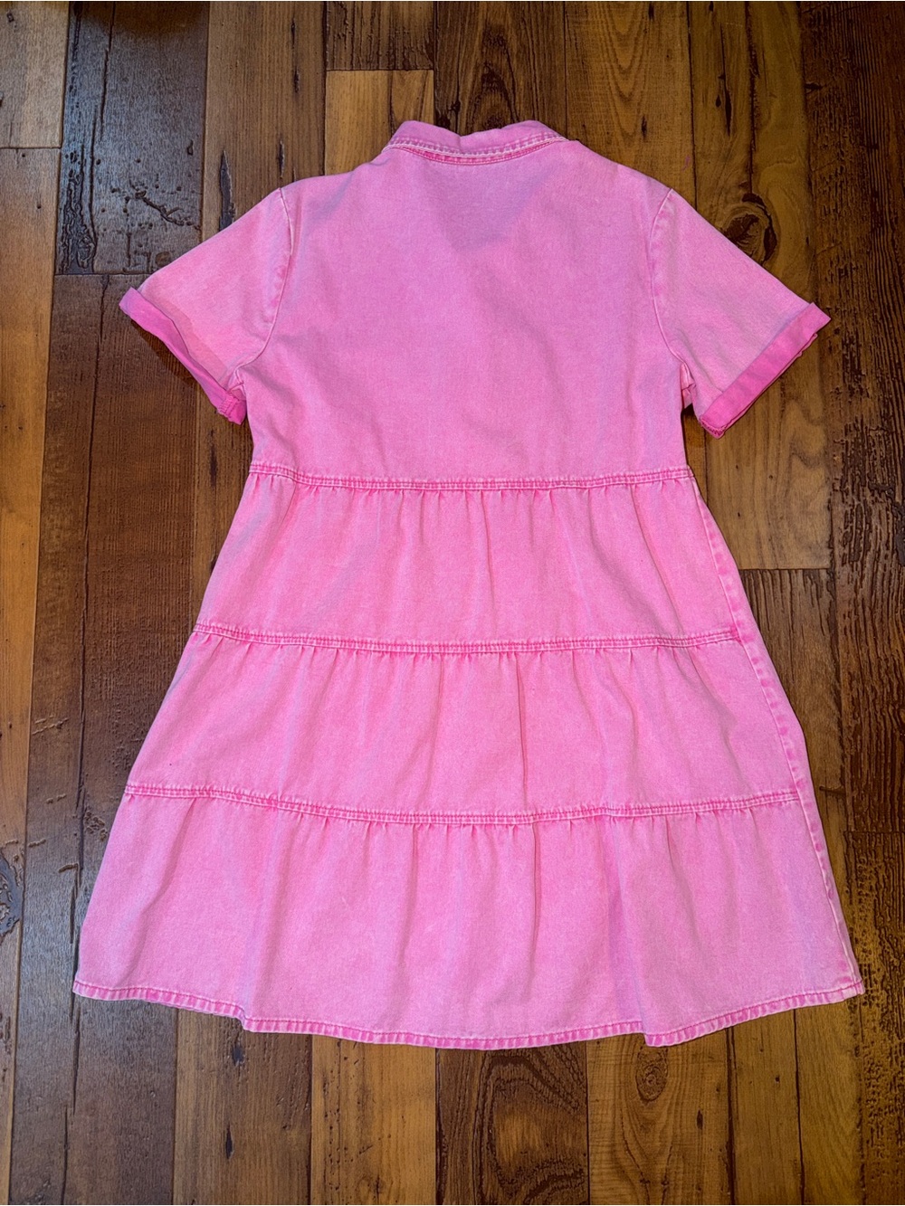 NWOT- Women’s Casual Short Sleeve Pink Tiered Denim Babydoll Dress- Medium - Picture 8 of 11